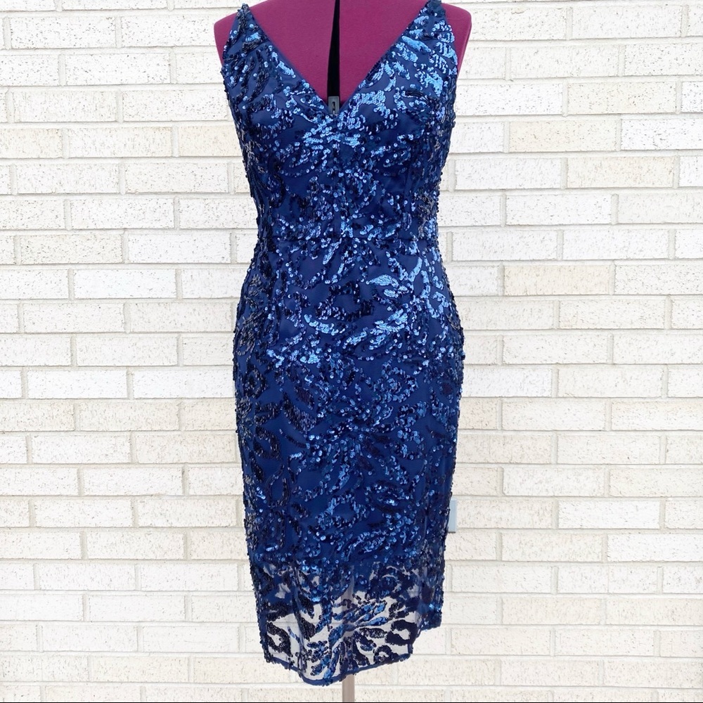 Eliza J Blue Sequin Sparkly Midi Cocktail Dress 10